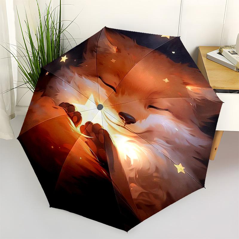 1pc Magical Fox with Starry Night Umbrella with Plastic Handle,Vibrant Cartoon Pattern,Multi-functional UmbrellaPT152