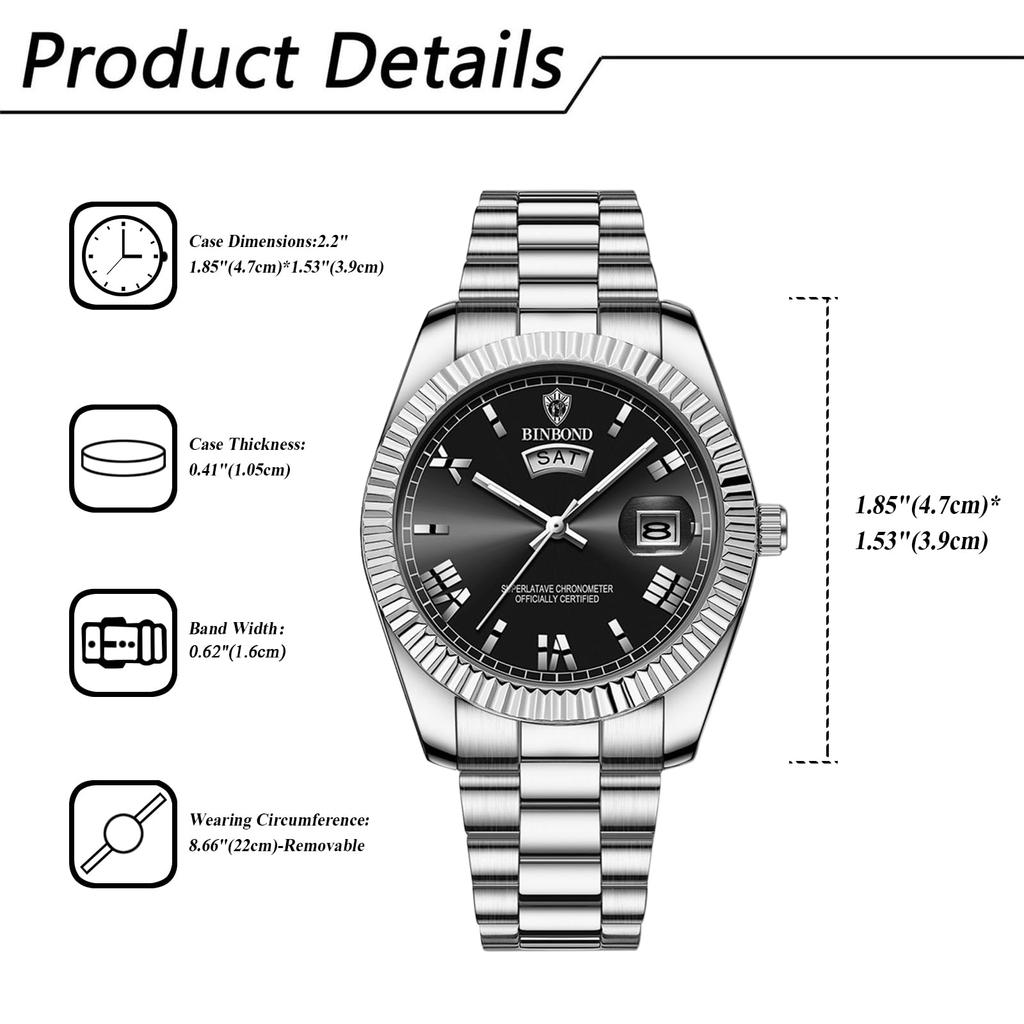 Roman Alphabet Analog Display Luminous Calendar Day of the Week 3ATM Water Resistant Stainless Steel Quartz Leisure Business Stylish Fashion