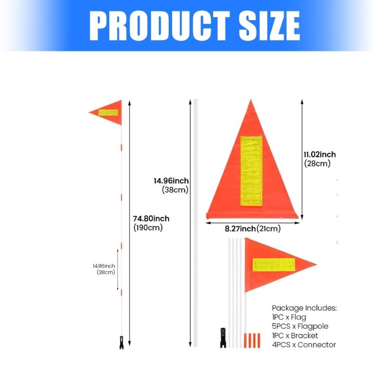 Reflective Bicycles Safety Flag Adjustable Up To 6 ft Poles Weather Resistant For Camping Wheelchair High Visibility