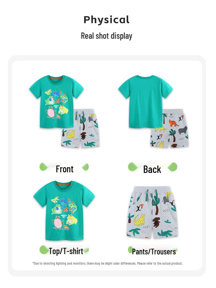 Boys' Summer Short Sleeve Set with Luminous Animal Print, Knit Cotton Sportswear