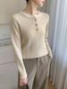 Women's Color Block Cashmere Sweater - Round Neck, Buttoned, Loose Fit, Long Sleeve, Autumn/Winter Collection