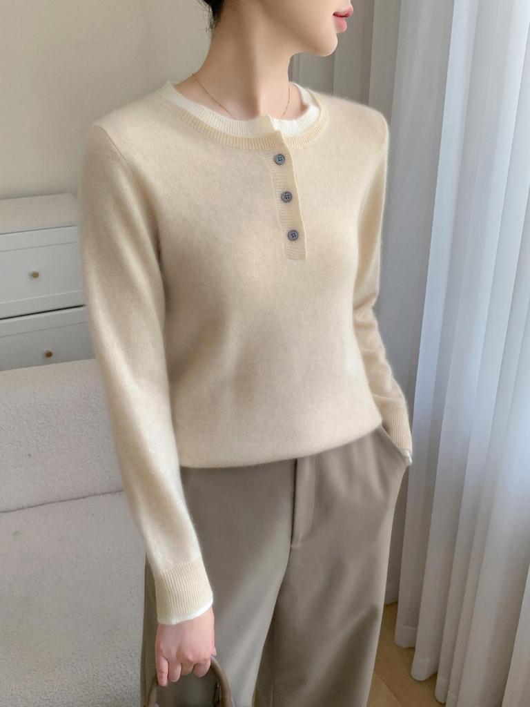 Women's Color Block Cashmere Sweater - Round Neck, Buttoned, Loose Fit, Long Sleeve, Autumn/Winter Collection
