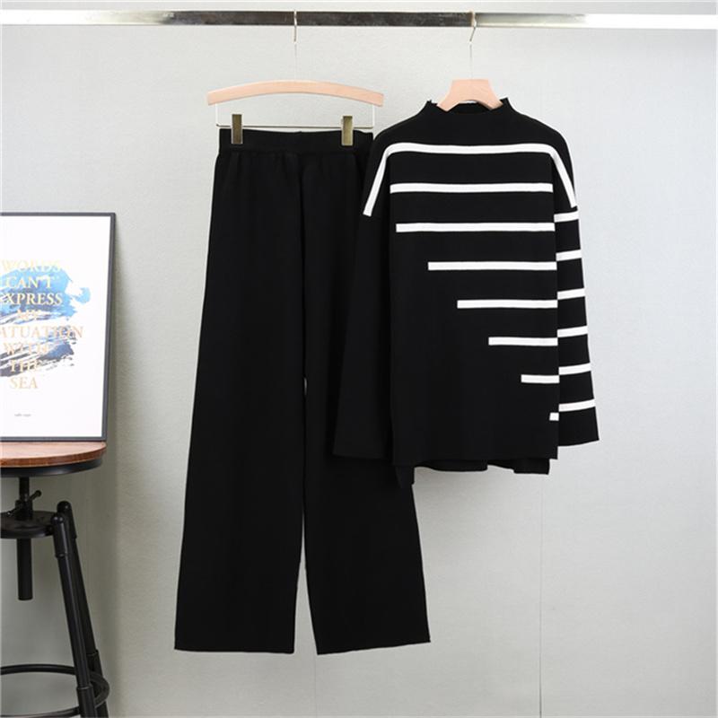 

Осенне-зимний вязаный костюм в полоску с длинным рукавом, женский свободный комплект из двух предметов: свитер с полувысоким горлом и широкие брюки One Size чёрный