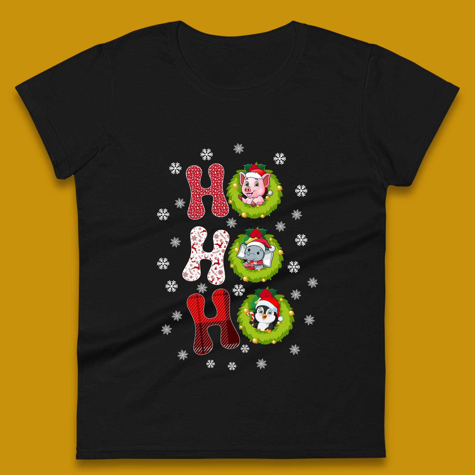 Ho Ho Ho Christmas Animals Pig Elephant Penguin Womens T Shirt Mens Tops Tees Unisex 4XL