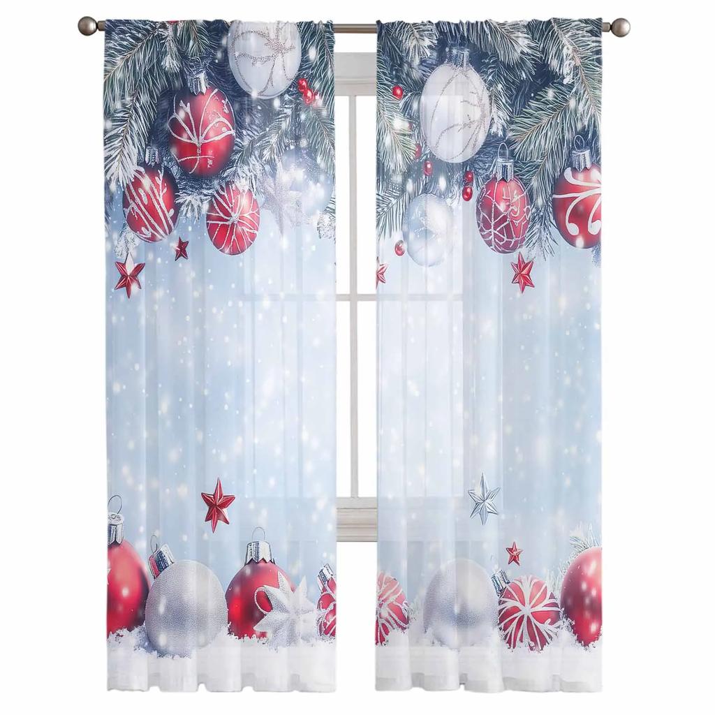 Christmas Snowball Sheer Curtains for Living Room Decoration Window Curtains Kitchen Tulle Voile Curtains