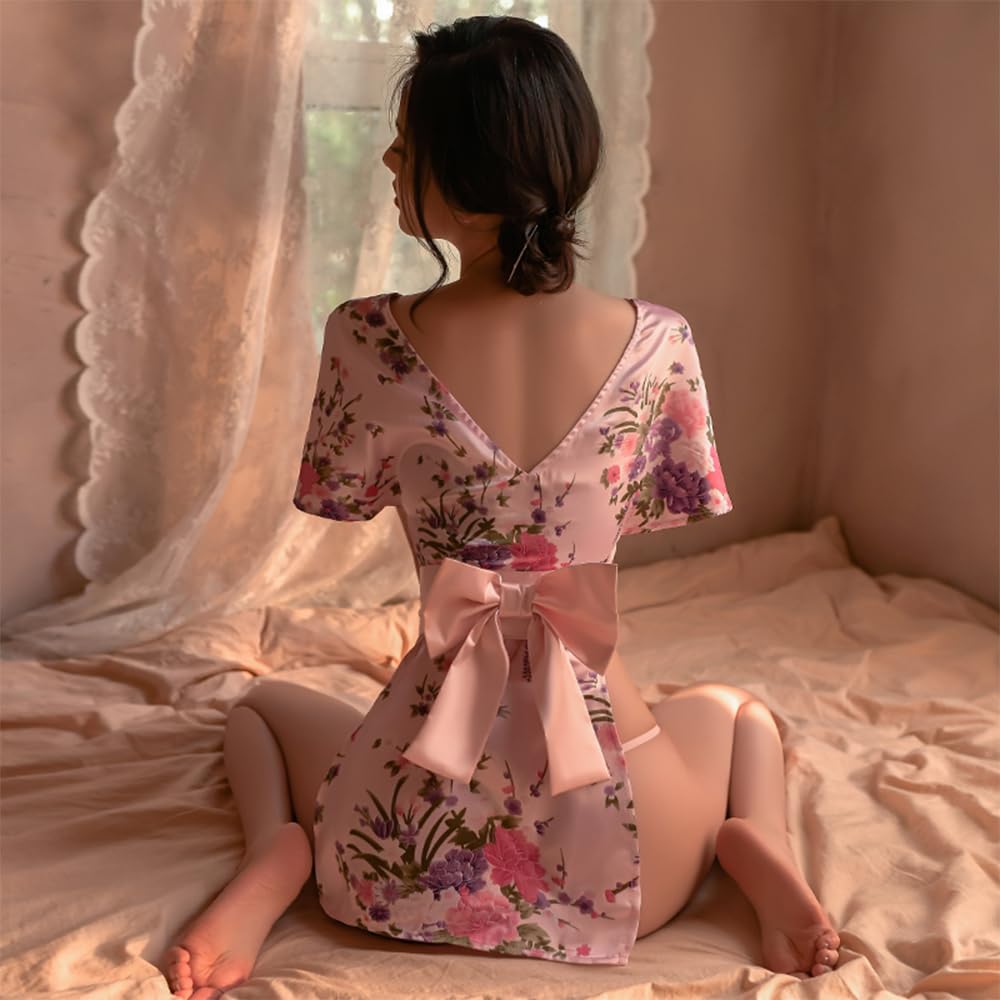 Sexy Japanese Flower Chest Erotic Erotic 3 Piece One Size Fits [YUEEI] Yukata, Oiran, Cosplay, Kimono, Style, Bow-tied, Gown, Opening, See-through,