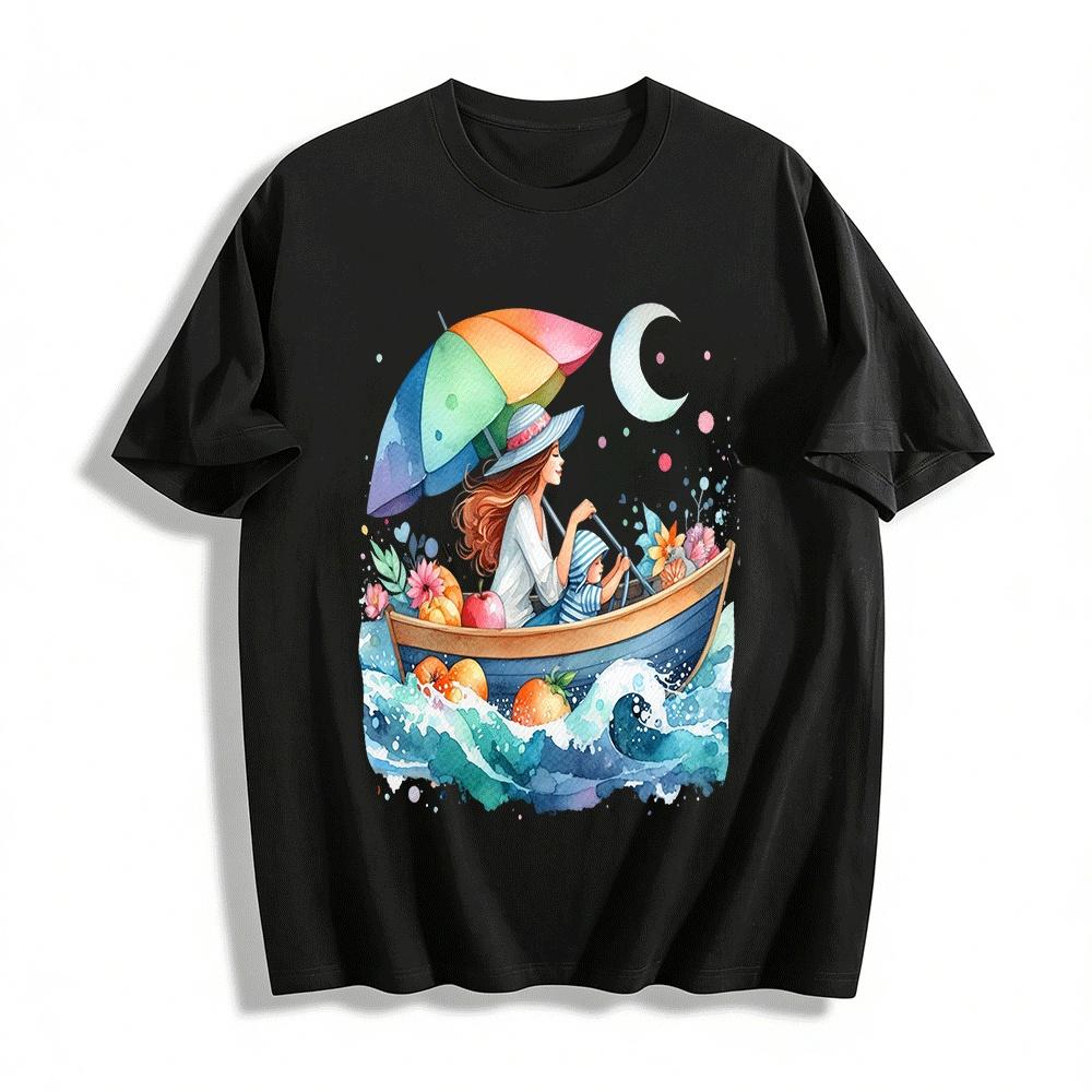 Watercolor Parent-Child Boat Ride Fun Print Top Pure cotton T-shirt XXS
