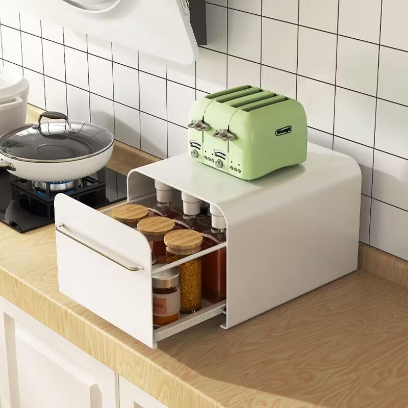 Kitchen Seasoning & Cup Storage Drawer - Dustproof Countertop Organizer for Bottles & Tea Cups