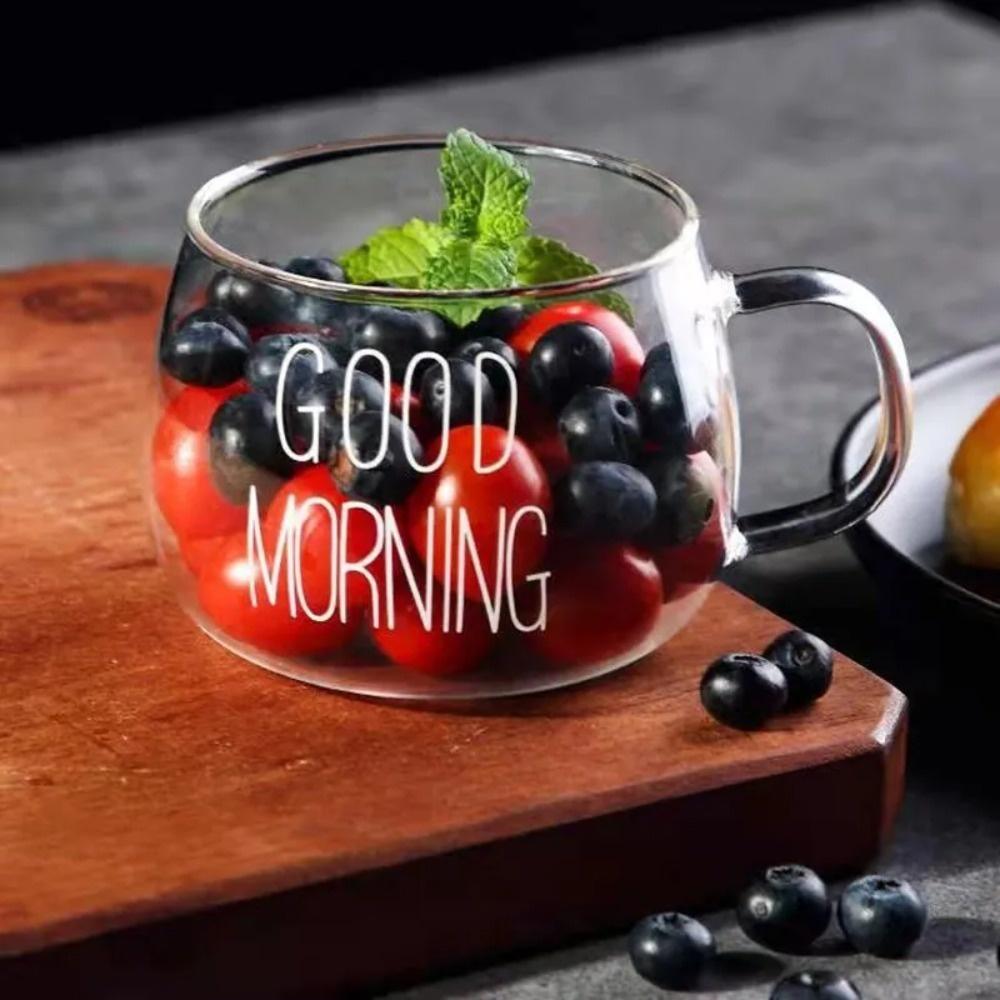 1pc Clear 350ml Glass Mug For Coffee Dessert Milk Tea Yogurt Round Letter Printed Glass Cup Handgrip Drinkware 350ml