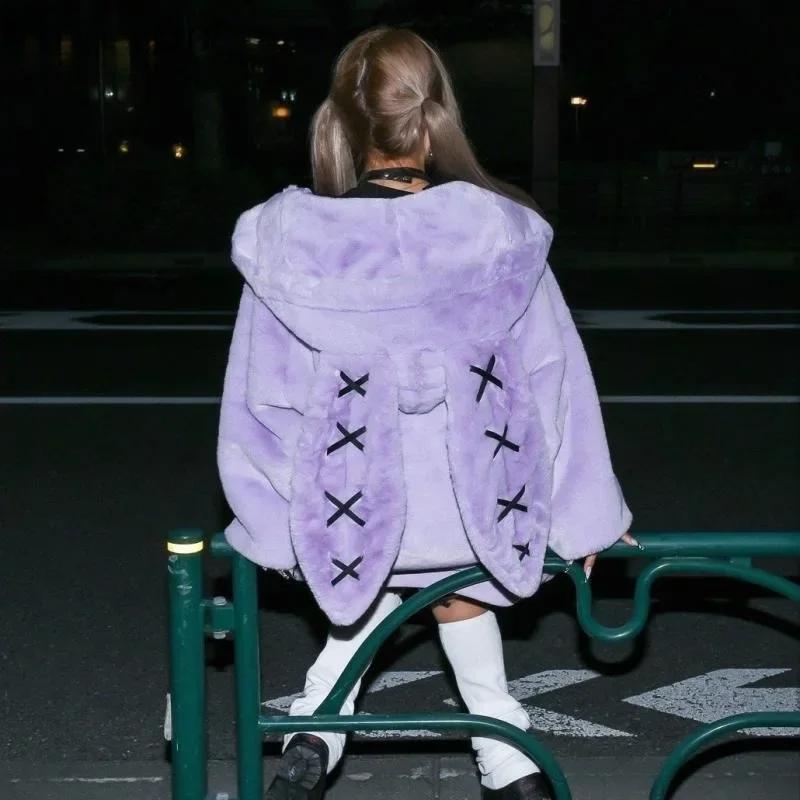 2026 Winterbekleidung Damenjacken Harajuku Hasenohren Punk Schwarz Mäntel Verdickt Pelzig Reißverschluss Übergroß Y2k Oberteile Ropa Mujer