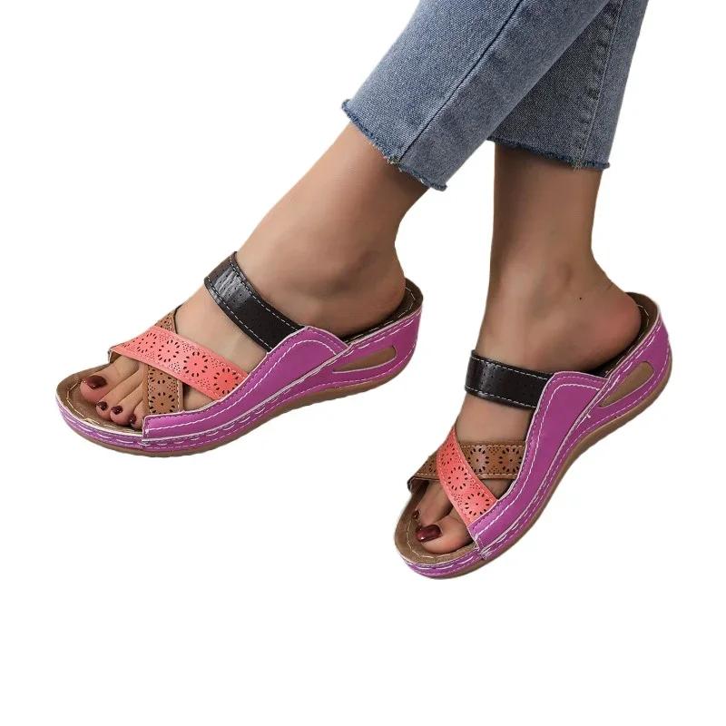 2024 New Hot Selling Open Toe Women's Slippers Summer Roman Mixed Color Outdoor Leisure Beach Wedge Large Size Slippers Zapatos