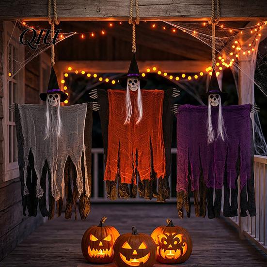 Spooky Door Hanging Decor 38" Halloween Witch Decoration, Scary Flying Skeleton Ghost Gauze Decoration for Outdoor, Indoor Haunted House Porch