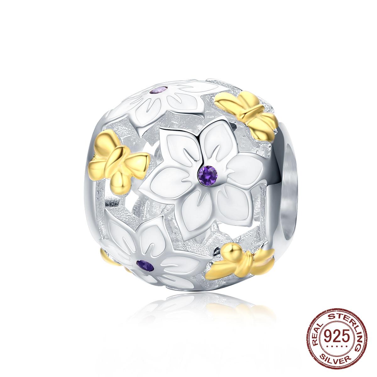 

925 стерлингового серебра весенняя коллекция цветок и бабочек эмаль шарм шарики подходит для шарм браслета тонкие ювелирные изделия