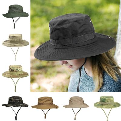 Fisherman Hat Camouflage Print Men Women Solid Color Basin Style Dome Hat with Lace-Up Design Wide Brim Hiking Hat