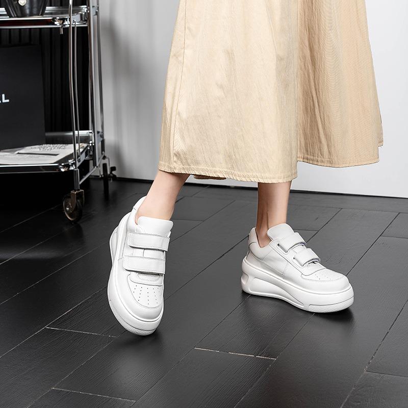 Cowhide Version~ New 6.5CM Smiley Face Velcro Casual Shoes Thick Sole Height Increase Versatile White Shoes Women
