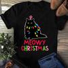 Meowy Christmas Black Cat T-Shirt: Funny Xmas Lights Pajama Style