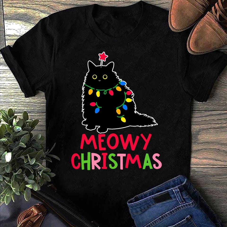 Meowy Christmas Black Cat T-Shirt: Funny Xmas Lights Pajama Style