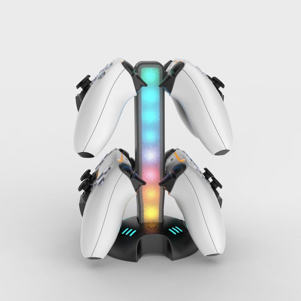 PhyiFlbey PS5 Controller Storage Charging Stand for 2 or 4 Controllers Earphone Desktop Compatible with PS5 Includes Indicator RGB Lighting USB Port
