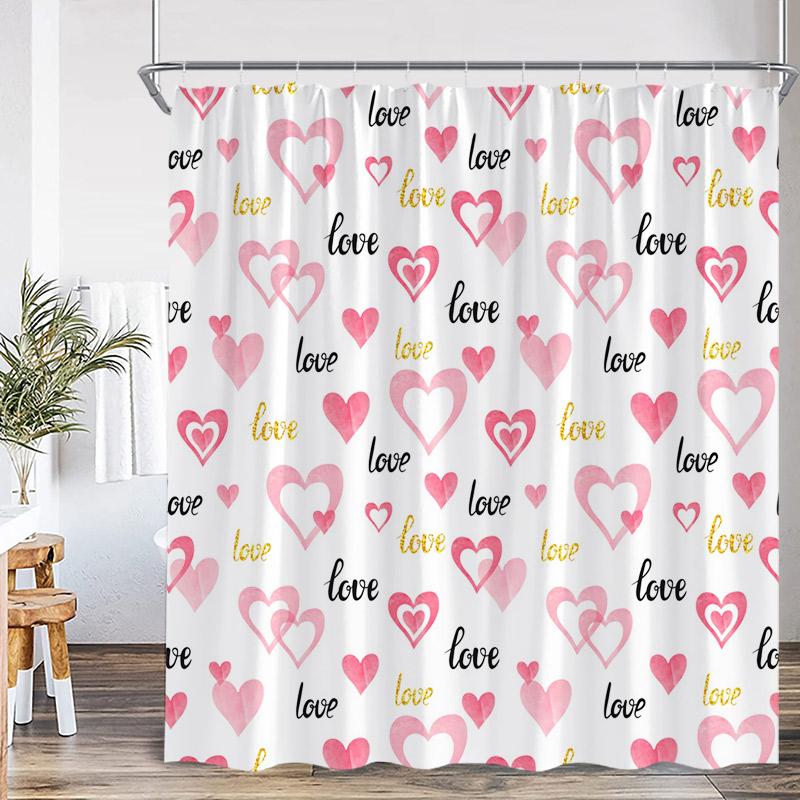 Valentine'S Day Shower Curtain Red Heart Rose Flowers Bicycle Petals Lovers Gift Fabric Home Bathroom Curtains Decor With Hooks