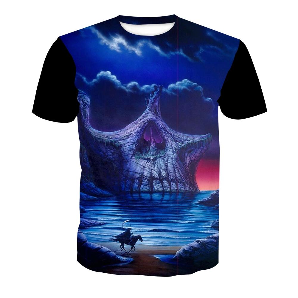 Tricou cu model craniu imprimat 3D, de vară, pentru bărbați, stil hip hop stradal, top supradimensionat, confortabil, casual, cu gât rotund