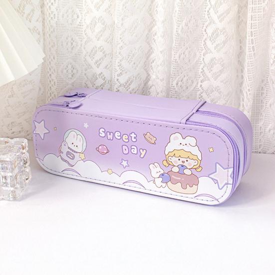 Dual-Layer Pencil Case Faux Leather Cute Stationery Bag Large Capacity Portable Pen Pouch for School Office Supplies