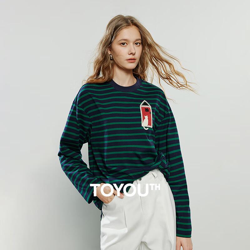Chuyu Women s 2025 Winter Loose Cat Patch Striped Long-Sleeve T-Shirt M