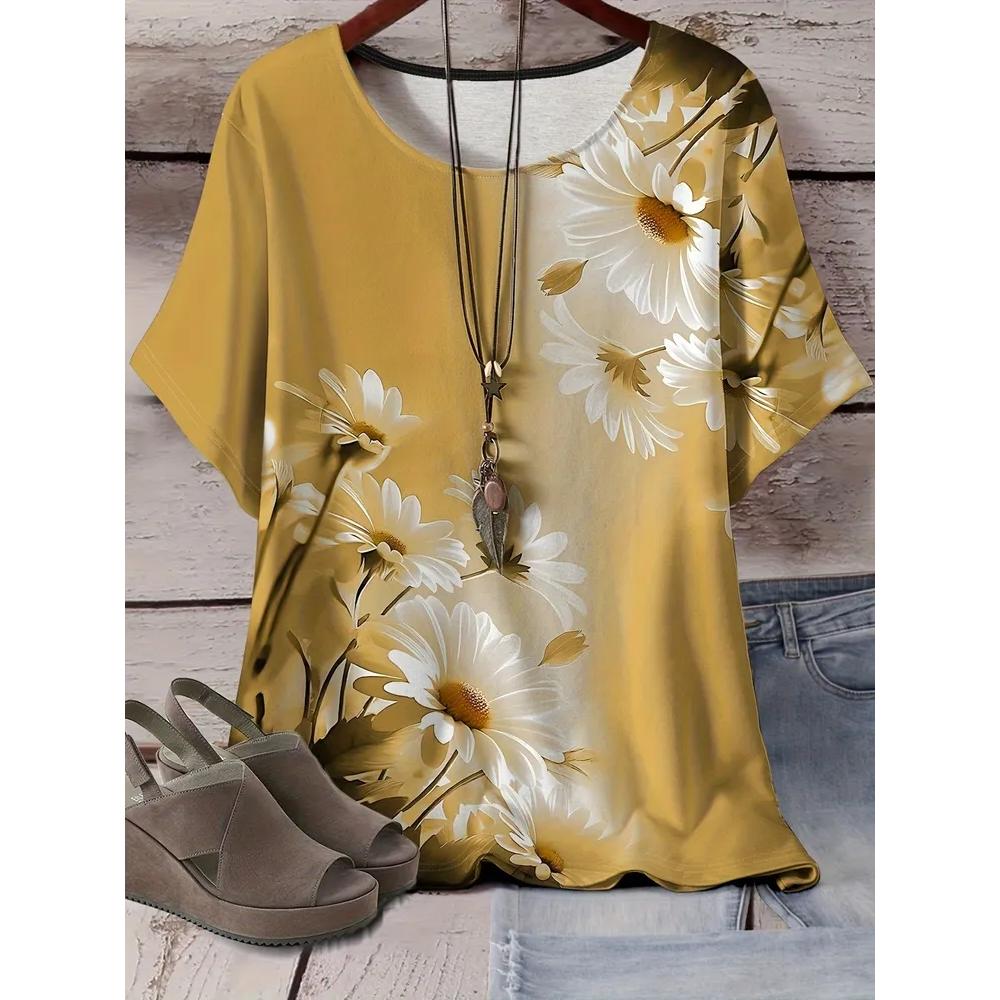 Modisches Blumendruck Damen Top Lässig Kurzarm Locker Bequem T-Shirt Vielseitige T-Shirts Damen