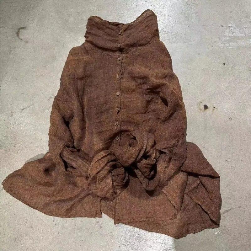 Johnature Kvinner Vintage rullekrave linskjorter Ensfargede Langermede knappoverdeler Høstknapp Uformelle dameskjorter