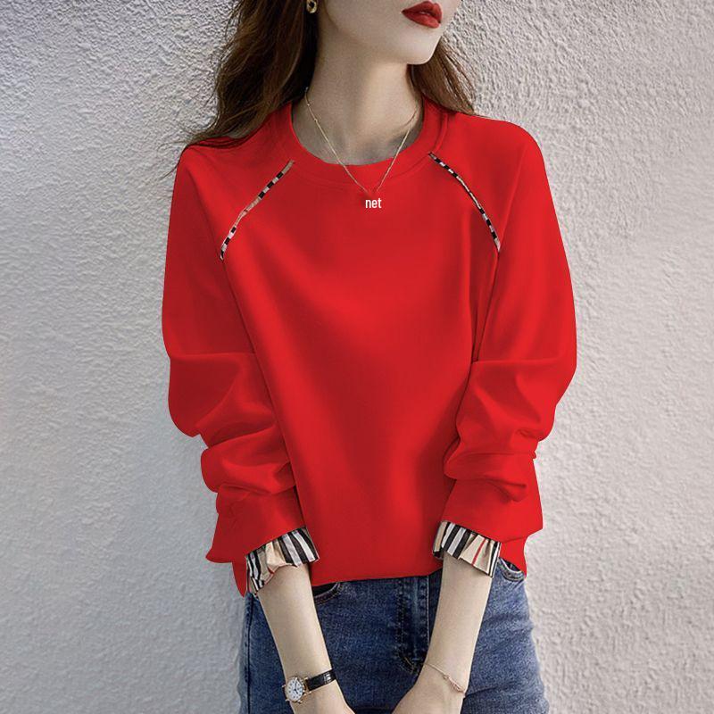 Women's Plus Velvet Loose Pullover - 2025 Spring/Autumn Korean Style, Long Sleeve Round Neck, Fake Two-Piece, Hoodless Top.