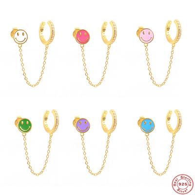 S925 Sterling Silver Smiley Face Diamond Chain Single Earclip Earrings, Fashion Trend Personalized Earrings