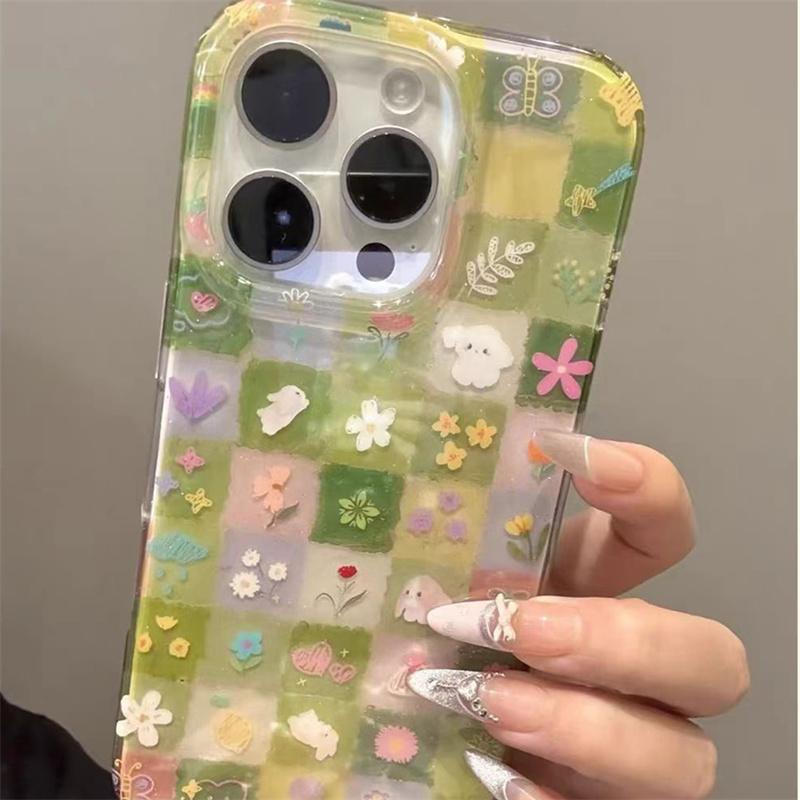 IND green grass grid pattern broken flower rabbit phone case with chain  for iPhone 11 12 13 14 15 16 17 Pro Max