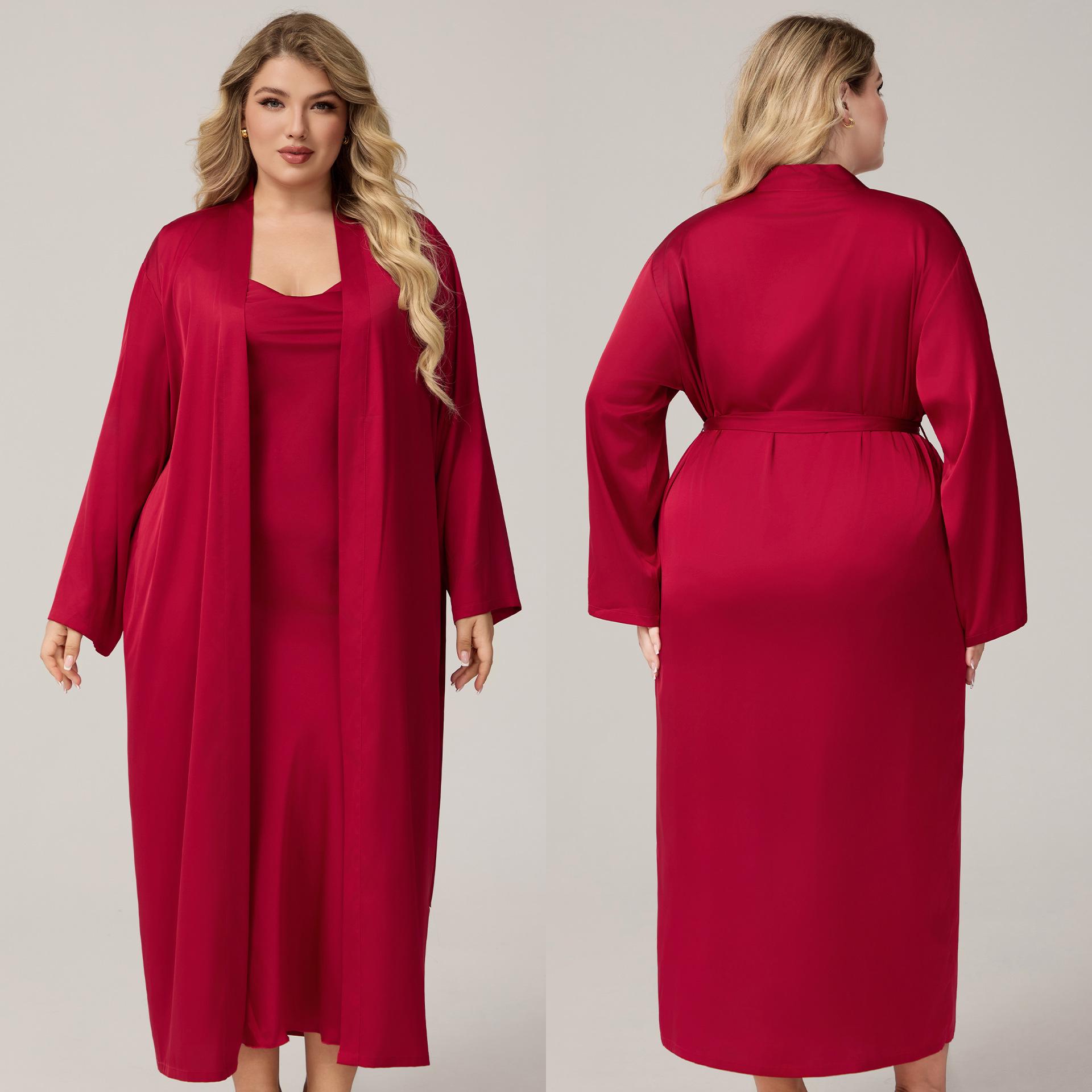 

Yaoting Комплект атласного платья-комбинации с вырезом-каскадом и халата большого размера - Женская сексуальная удобная одежда для дома 3XL вино красного