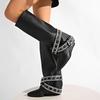 Fashion Rivets Belt Decor Black Long Boots for Women Punk Style Pointed Toe Knee High Boots Woman Fashion Wedges Pu Leather Botas 35-42