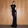 European & American Sexy Hollow Stand Collar High Slit Short Sleeve Long Dress