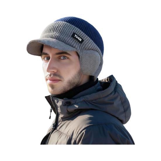 

1/2Pcs Men Hat Sleek Knit Earflap Stretch-Fit Elastic Warm Hat with Color Block Thick Winter Hat Cold Weather темно-синього кольору