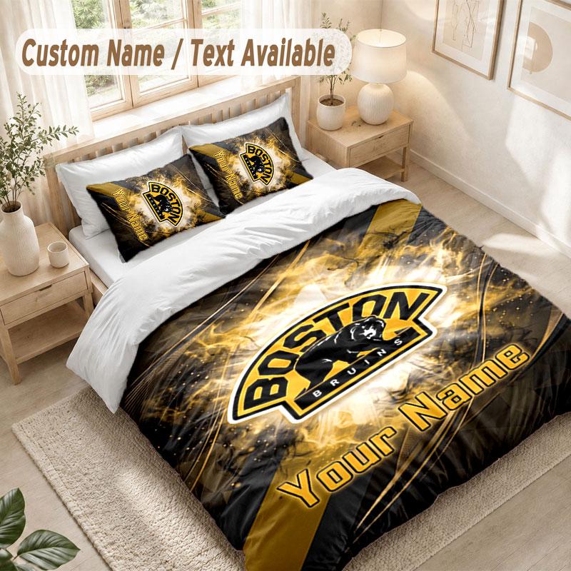 Custom Name Bedding Set 3 PiecesBoston Bruins Print Duvet Cover + 2 Pillowcases Soft Bed Decor