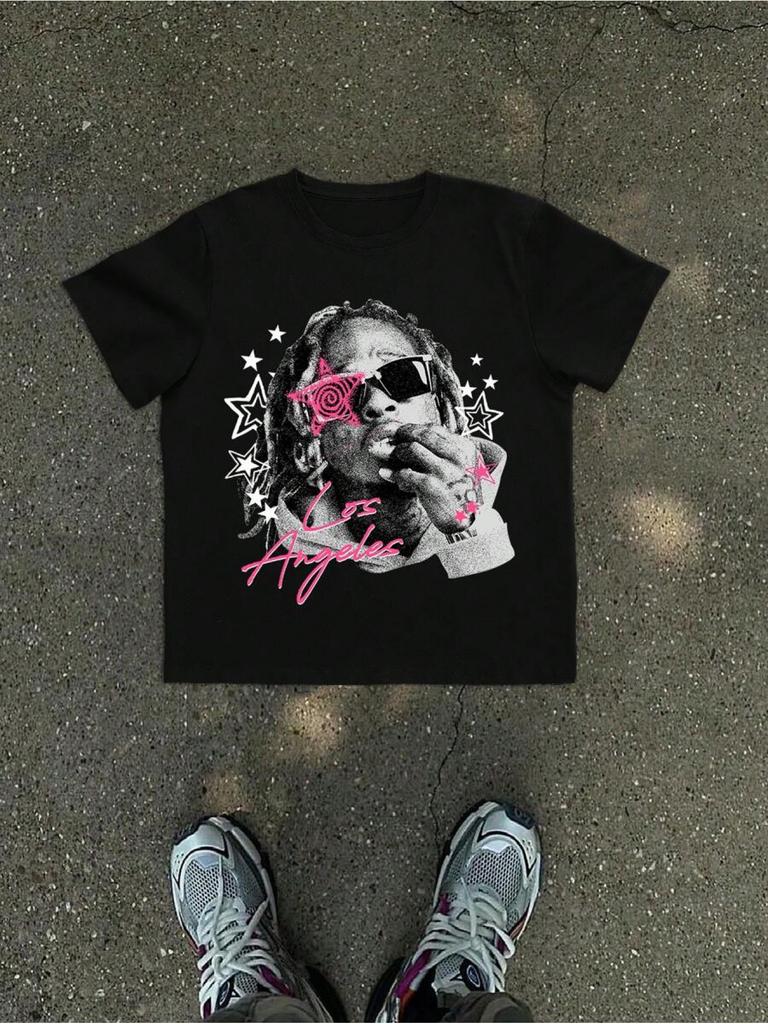Retro Hip Hopowa Gwiazda I Portret Graficzny T-shirt Dla Unisex Wykonany ze 100% Bawełny Idealny Na Lato Streetwear I Codzienne Miejskie Stylizacje