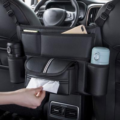 Bolsa de almacenamiento de cuero para asiento de coche, colgador medio, soporte de bolso de lujo para coche entre asientos, bolsillos para vasos de agua de tejido, estiba