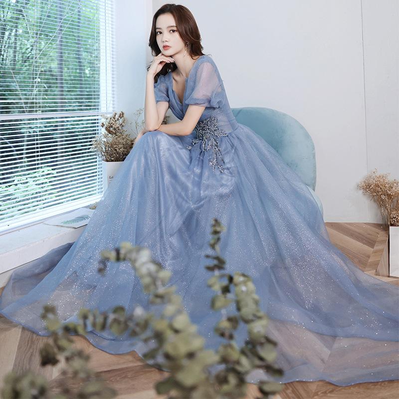 Blue Evening Dress Dress Women's 1011 New Summer Fairy Temperament French Long Annual Meeting Host Slim Dress