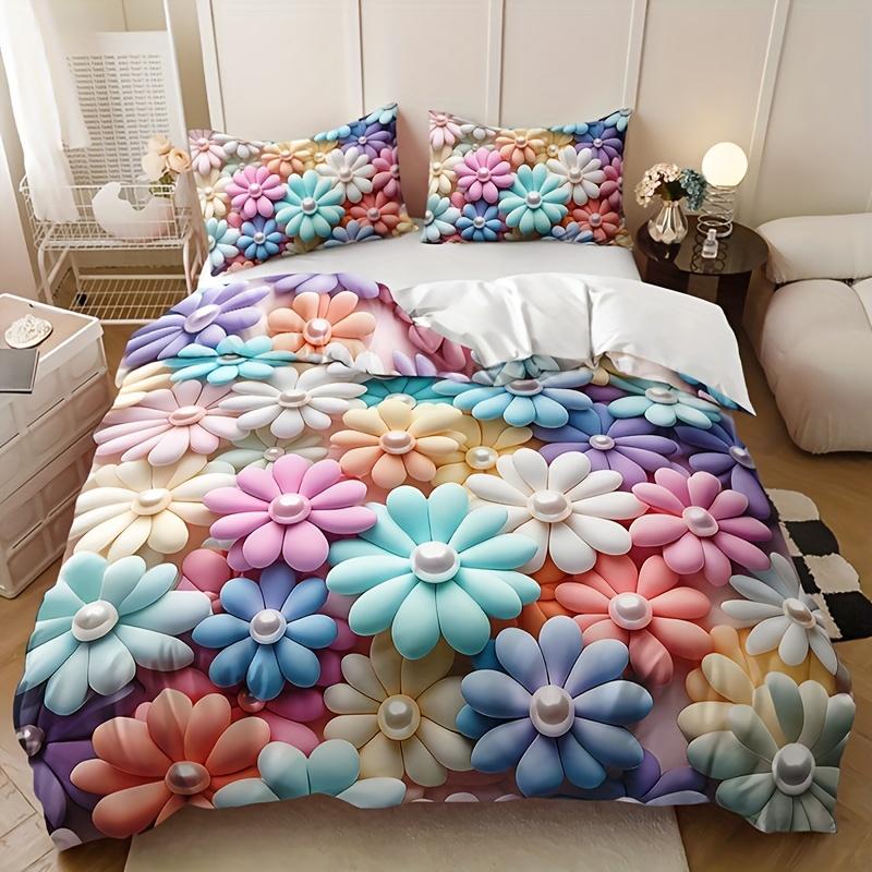 

Vibrant Floral Print Duvet Cover Set Polyester All-Season Machine Washable For Home And Dormitory Decor 135X200cm