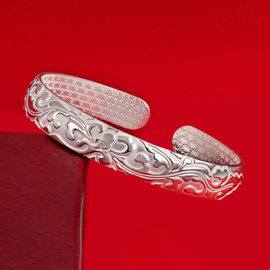 Lady Opening Bracelet Adjustable Circumference Floral Emboss Smooth Polished Wide Wrist Jewelry for Vacation Work Daily Wear