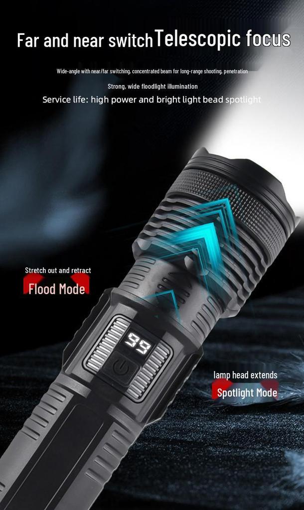 High-Brightness Long-Range Rechargeable LED Zoom Flashlight with White Laser and Digital Display for Outdoor Use