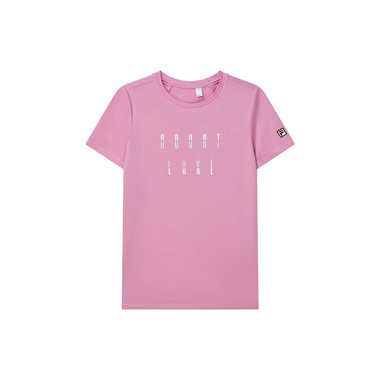 FILA Athletics Letter Print Solid Color Tennis Sports Casual Knit Short Sleeve T-Shirt Women tops Light-Purple A11W223104FPU L