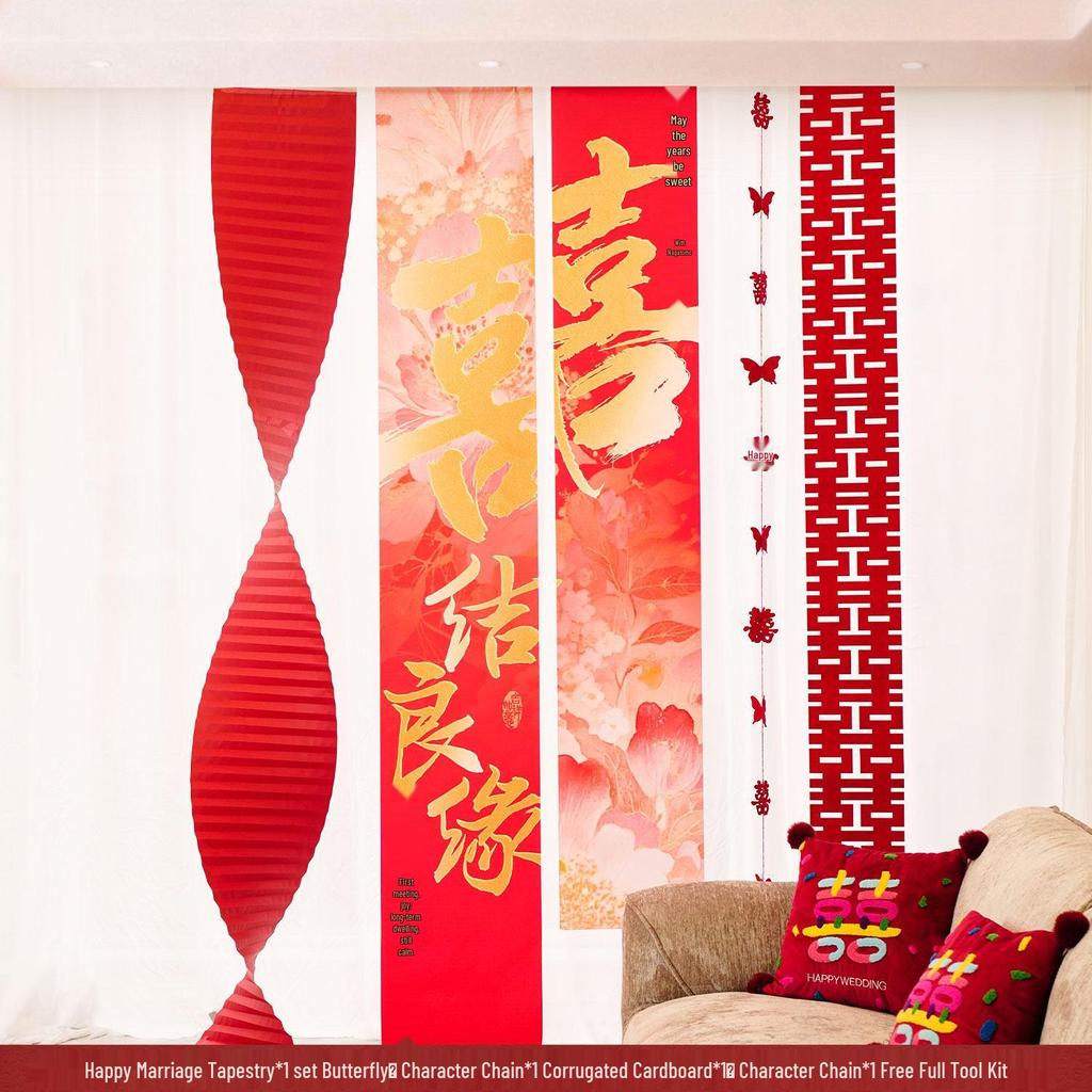 Red Wedding Room Bunting Ceiling Decorations for Bride and Groom's Bedroom and Living Room