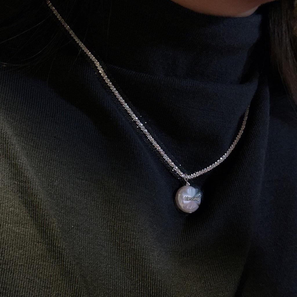 S925 Sterling Silver Baroque Pearl Pendant Necklace with Clavicle Chain