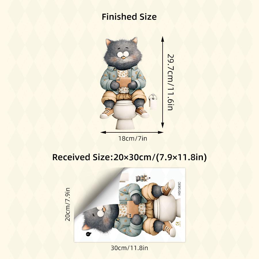 Funny Cat Playing On Smartphone Toilet Sticker, Realistic Cartoon Self-Adhesive Decal for Bathroom Toilet Lid Decoration