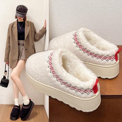 Fashion 2024 Autumn and Winter Muffin Thick-soled Cotton Shoes Lamb Wool Toe-cap Slippers for Women Retro Casual Snow Boots