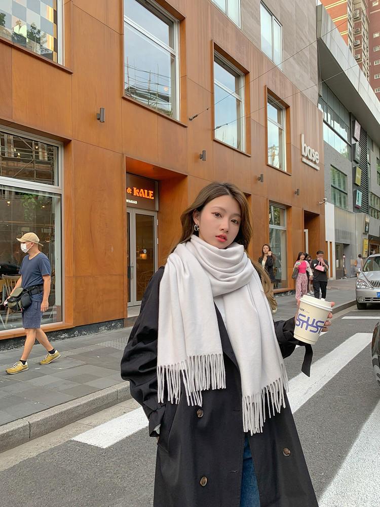 Dámská zahuštěná jednobarevná dlouhá šála - Počesaný imitovaný kašmír, nežmolkující šál s třásněmi na podzim a zimu