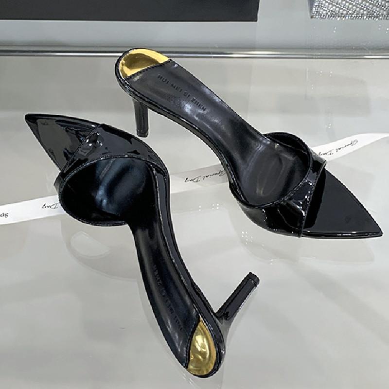 Patent Leather Pointed Toe Fashion Women Slippers Summer Open Toe Slide Sandals Elegant Party Thin Heel Non Slip  Shoes