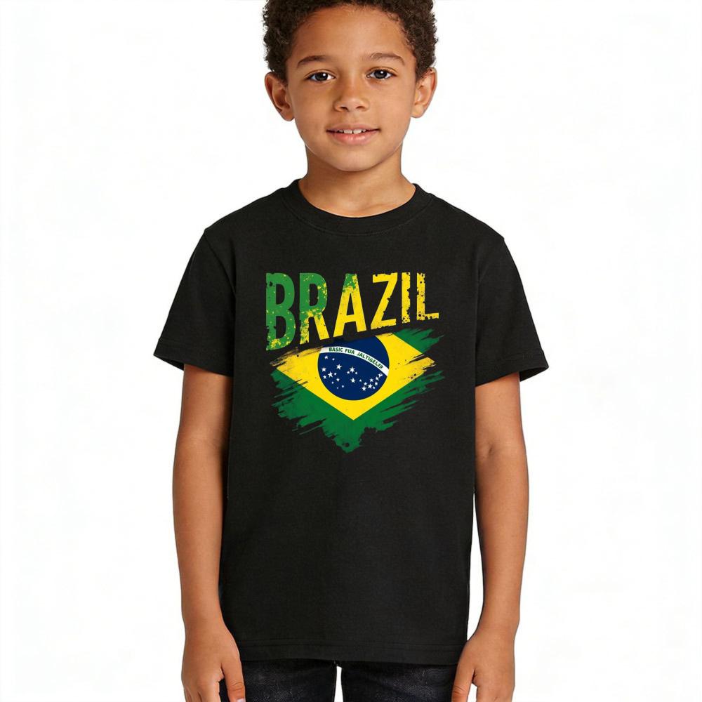 Distressed Brazil Flag Graphic TShirt Brazilian Soccer Lover Children Casual Daily Life Shirt Kids Boy Girl Polyester Short Sleeve
